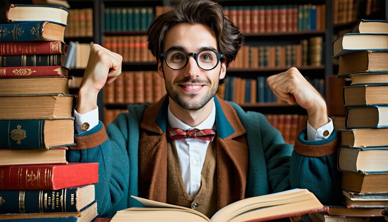 A man proudly nerdy surrounded by books and looking like a bookish superhero-1