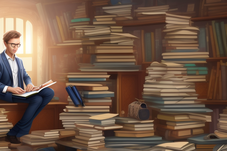 person surrounded by books
